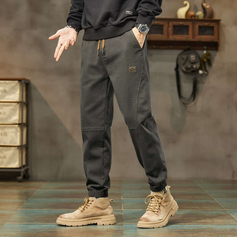 Casual Spring 2024 New Leg Tied Work Men Loose and Versatile Korean Version Trendy Cotton Sports Pants for Men Jeans for Pregnant Women