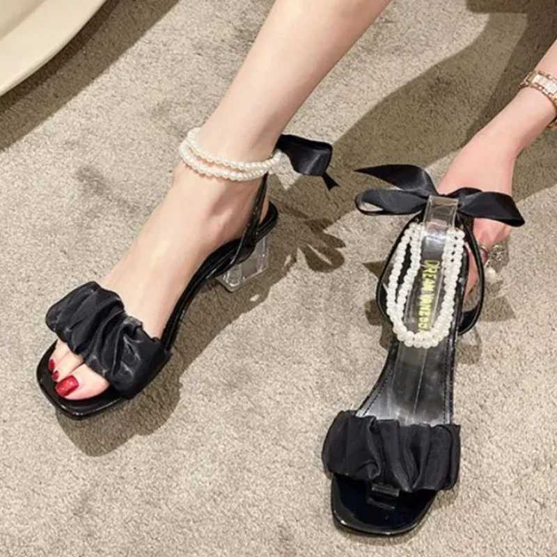 High Quality Comfort Shoes for Women Block Heels Pearl Sandals Med Suit Female Beige All-Match Chunky Girls Medium Clear Black Gladiator T241227