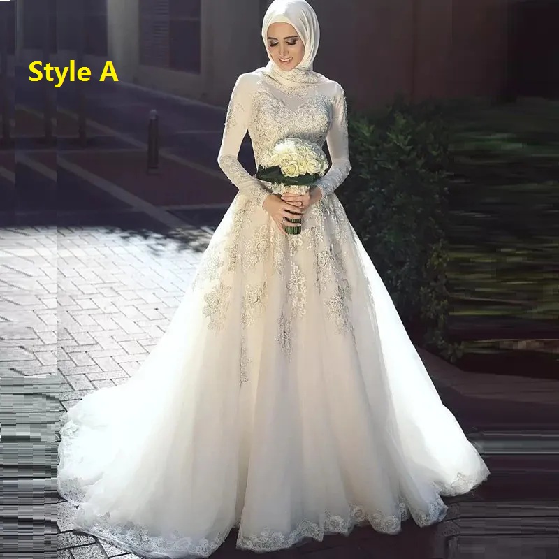 Muslim High Neck Long Sleeve Dubai Arabic A-Line Wedding Dress Elegant Appliques Lace Saudi Bridal Gown Vestido De Noiva Custom Msade