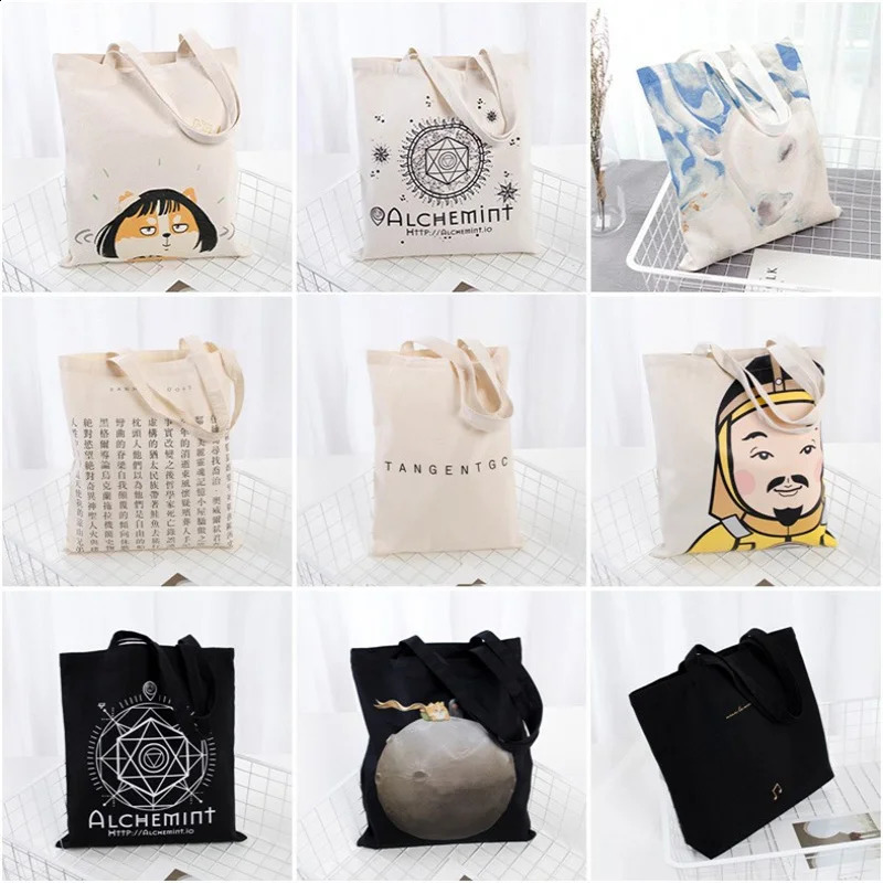 Large Capacity Canvas Shopping Bags Folding EcoFriendly Cotton Tote Reusable DIY Shoulder Bag Grocery Handbag Beige White y240925