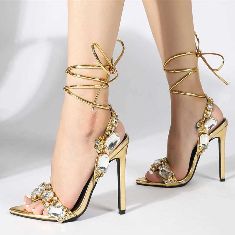 New Arrival Liyke sexy Ankle Strap gold sandals womens party nightclub stripping shoes high-quality crystal diamond toe wedding shoes T250409