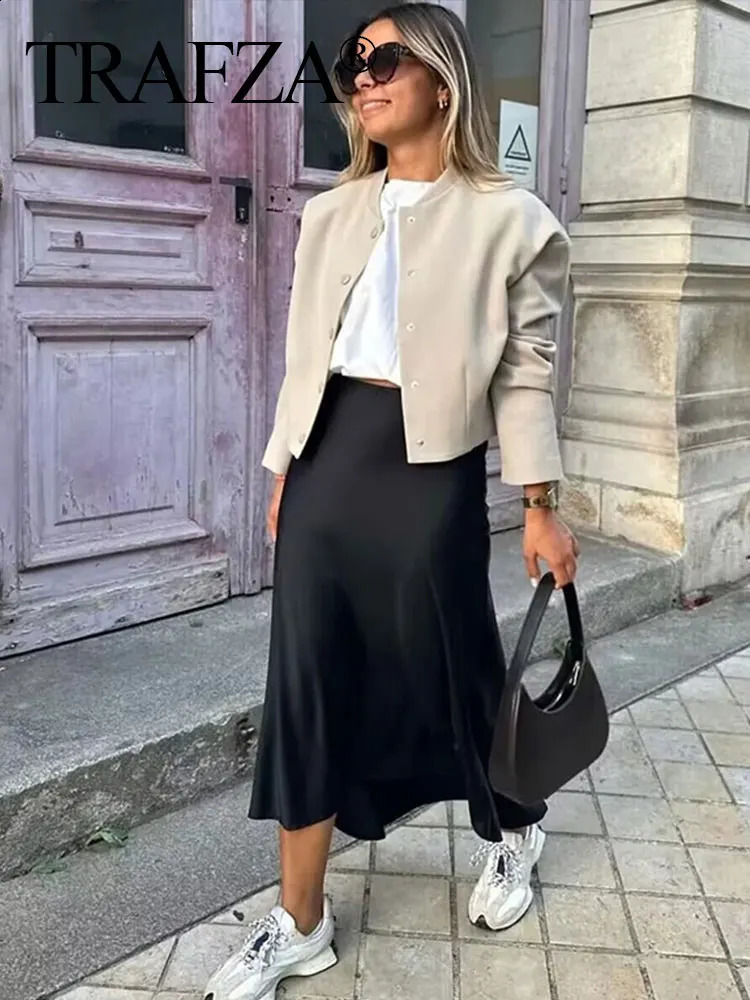 TRAFZA Women Elegant Solid Satin Long Skirt Chic Y2K High Waist Slim Skirts Female Fashion Silk Texture Ladies Tight Midi 240725