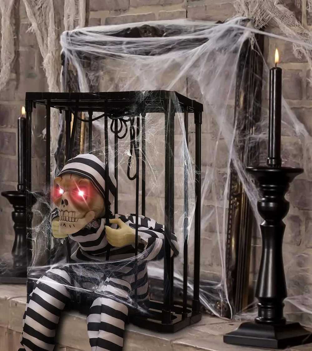Halloween Scary Skeleton Prisoner Talking Let Me Out With Light Animatronic Prank Speaking Props Hangable Ghost Halloween Decor CL240819