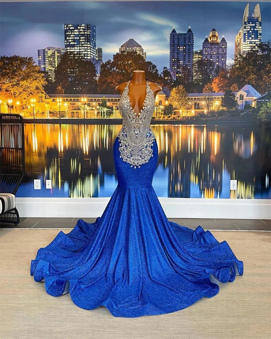 Royal Blue Elegant Halter Prom Dresses Backless African Mermaid Birthday Party Dress Sliver Crystal Beading Formal Gowns Vestidos 6660306