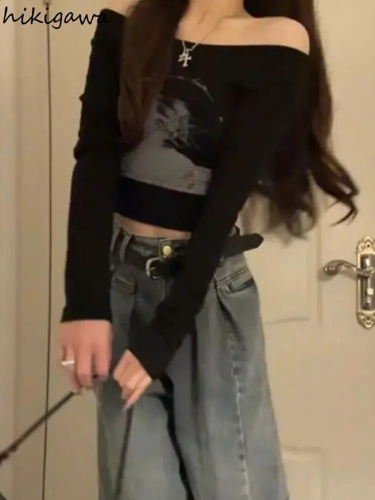 Black Woman Tshirts Slash Neck Long Sleeve Print Tees Ropa Mujer Harajuku Sexy Crop Tops Fashion Korean Casual Y2k T Shirt 240716