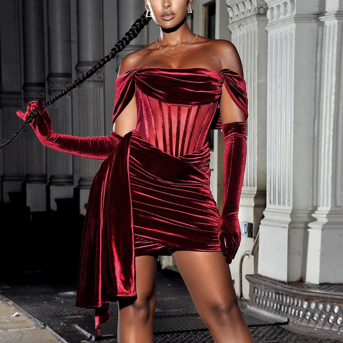 Mingmingxi Off The Shoulder Velvet Dress Elegant Wine Red Bodycon Night Evening Party Dresses Draped Mesh Patchwork Women Dress 240726
