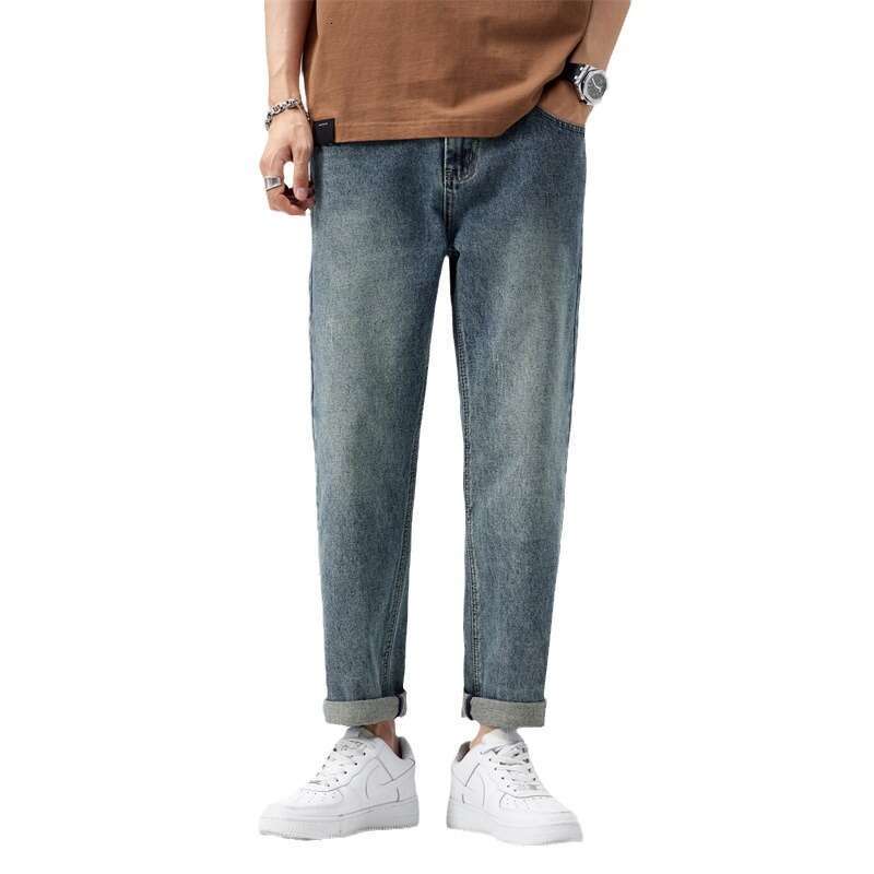 Jeans Trendy Brand 2024 Spring and Summer New Versatile Straight Leg Loose Casual Cropped Washed Mens Pants Sport Gold Velvet Pants Military Pants for