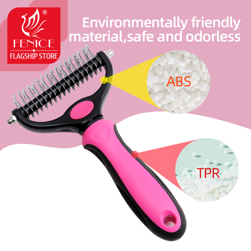 Fenice Professional Dog Comb Rake 2 In 1 Safe Double-Sided Comfortable Handle Pet Grooming Brush For Dog Cat Removing