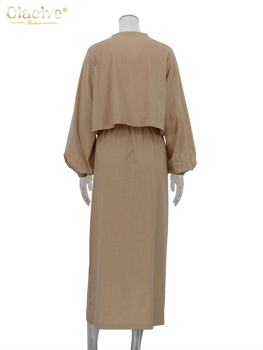Clacive Casual Loose Khaki Cotton 2 Piece Sets Women Outfit Fashion Puff Sleeve Lace-Up Shirt With High Waist Long Skirts Set 240726