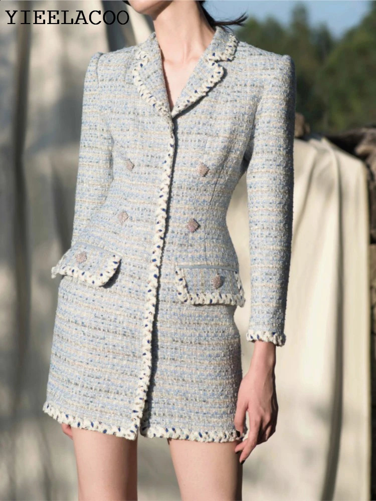 Light Blue tweed dress spring / autumn womens dress ladies slim bottoming dress one-piece 240717