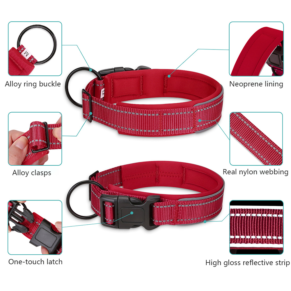 Nylon Reflective Dog Collar Adjustable Medium To Large Pet Collar with Neoprene Lining and Alloy Ring Dog Collar Dog Accessories