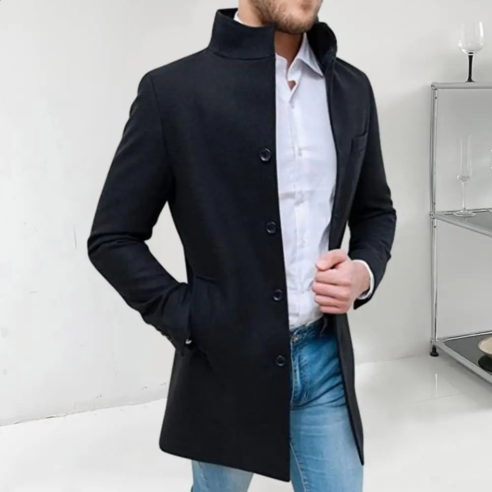 Men Stand Collar Long Sleeve Woolen Coat Single Breasted Pockets Mid-length Windbreaker Outwear Korean Style Spring Trench Coat 240826