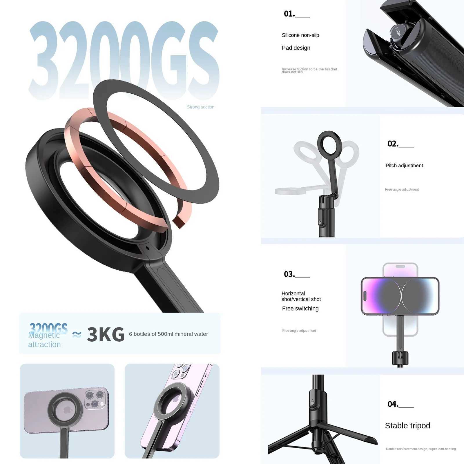 1.335M Magnetic Selfie Stick Tripod with Wireless Remote Phone Stand Portable Tripod for Phone Smartphone Live BroadcastM240719
