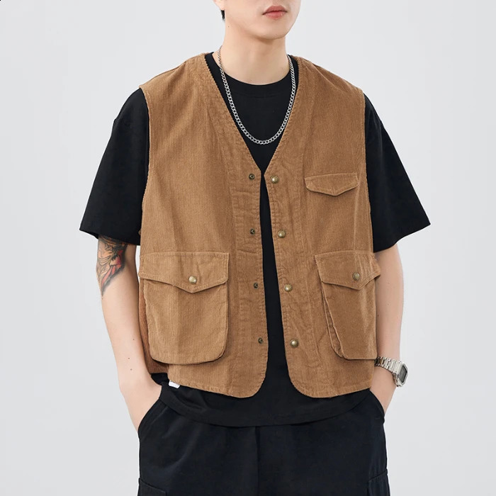 100% Cotton Corduroy American Workwear Vest Mens Mountain Outdoor Summer Autumn Vest Coat 24ss Y2k Youth Male Vintage Cityboy 240717