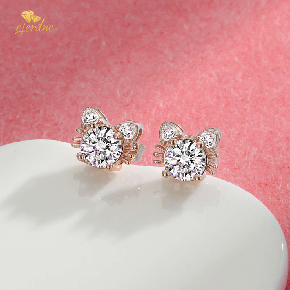Cosplay ear studs,kitten moissanite stud earrings,S real sterling sier rose gold cat shape Earring Hypoallergenic, Pass dia tester with GRA