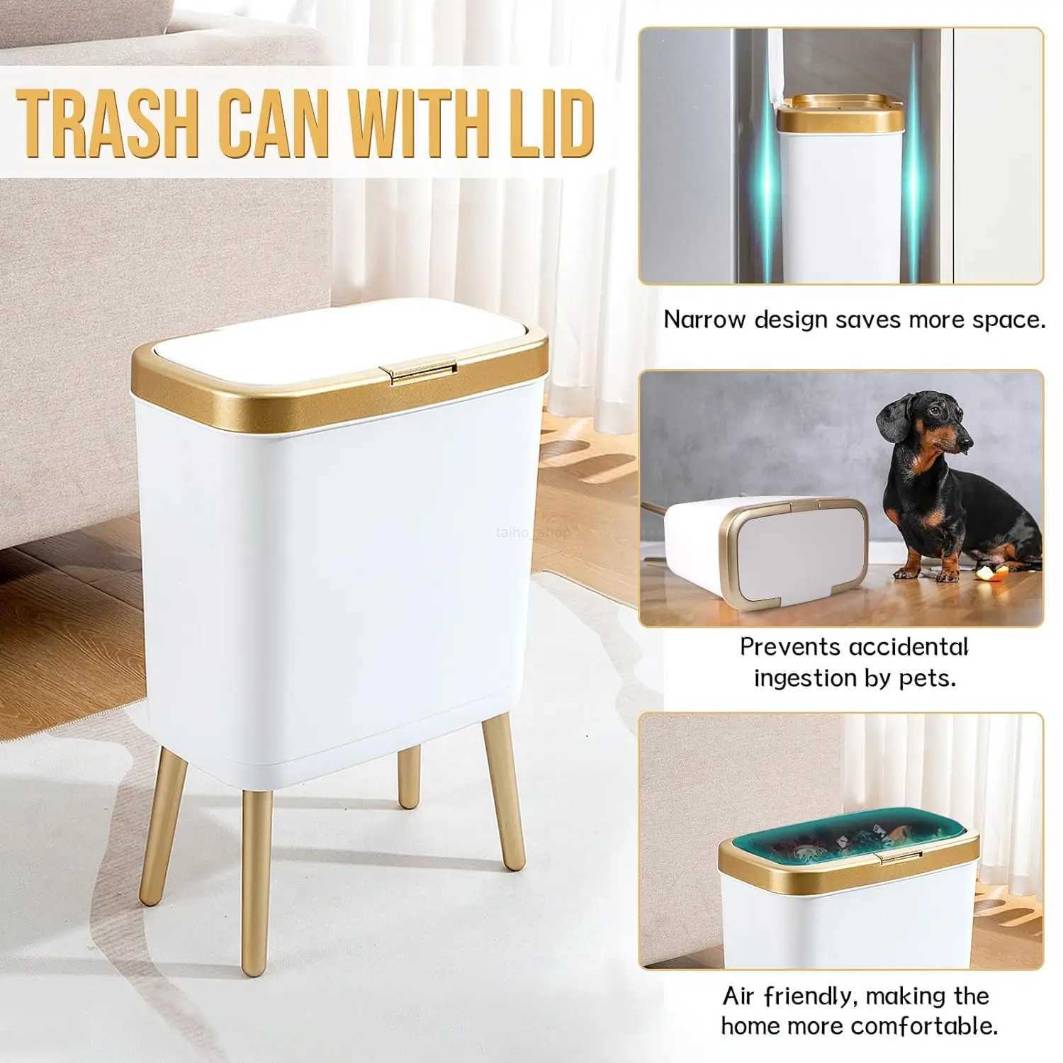 Bathroom Trash Can with Lid 4 Gallon Slim Garbage Can with High Foot Dog Proof Trash Can with Press-TOP Modern White and GoldB240726