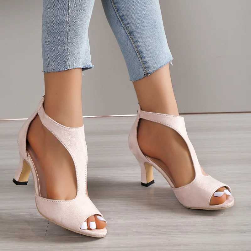 High Quality Summer New Brushed Leather Fish Mouth Sandals Womens Back Zipper Sexy Solid Color Comfortable High Heel Single Shoes Women T241227