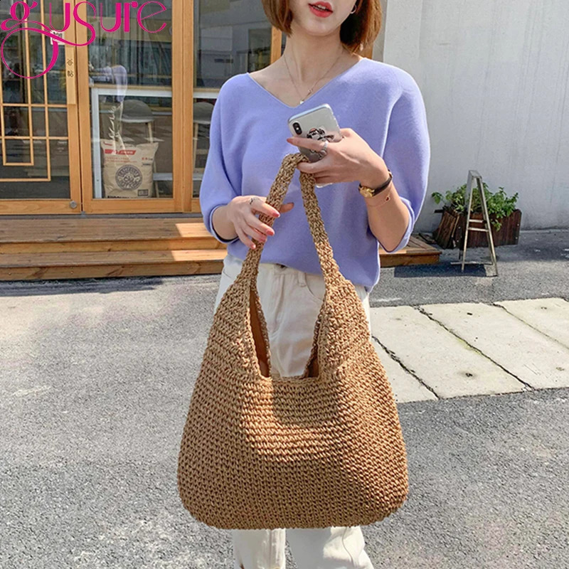 Gusure casual straw womens shoulder bag willow womens handbag handmade summer beach tote bag bohemian 241205