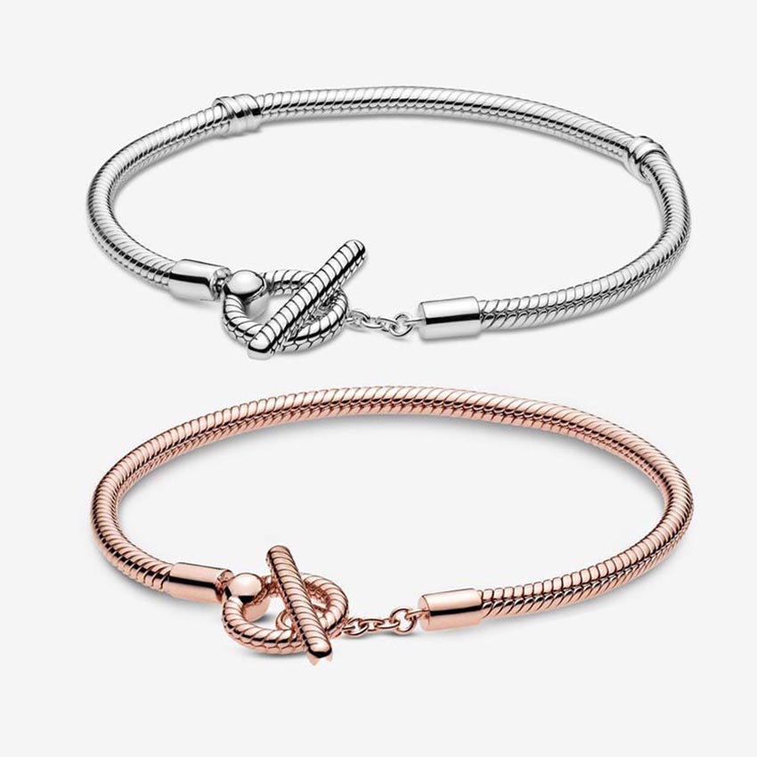 Moments T-Bar Snake Chain Bracelet 925 Sterling Silver Logo Bracelet For Women designer Wedding Jewelry Luxury Rose Gold bracelet with Original Box Set High quality