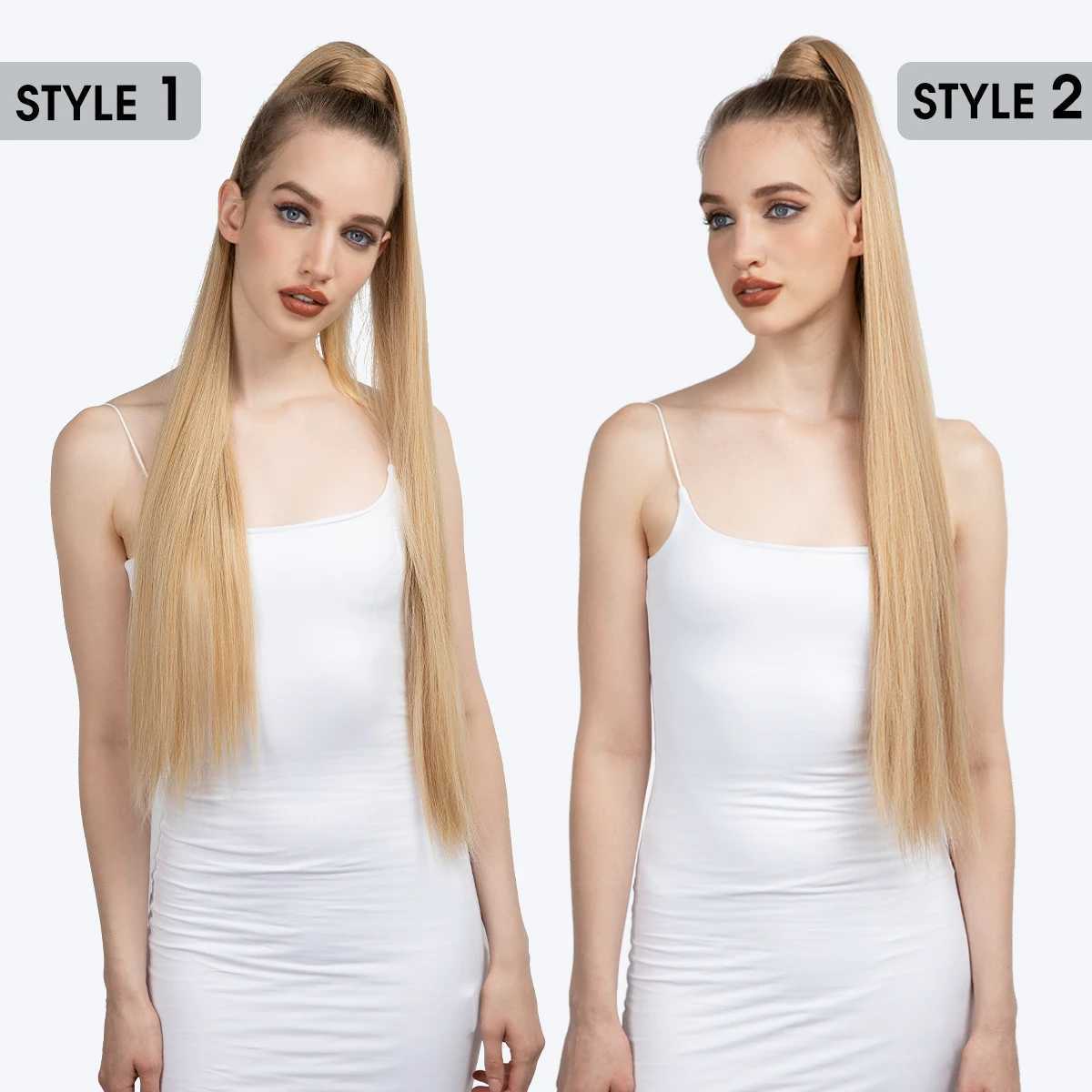 Synthetic long straight ponytail with hair extension of 32 inches clipped onto a fake wig with blonde hair wrapped around the braid smooth ponytail W2