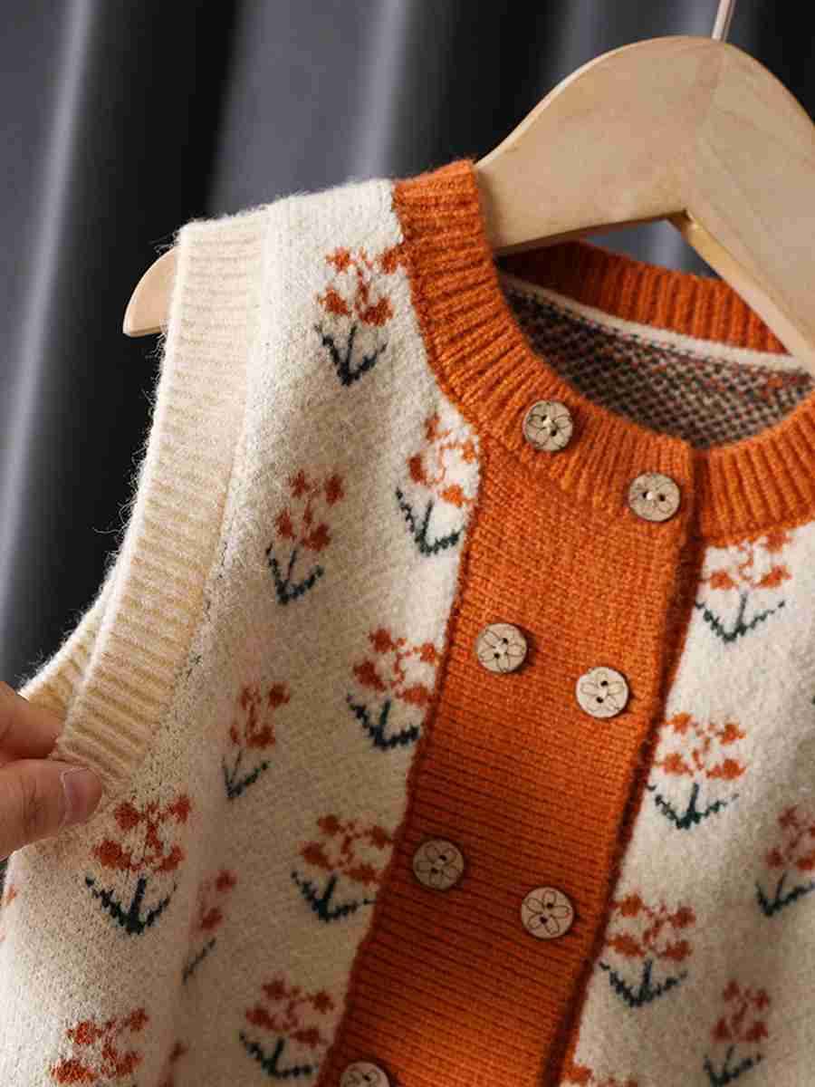 Korean New Children Sweater Vest O-Neck Double Breasted Floral Print Girls Knitted Waistcoat Casual All-Matched Kids TopsXJ240726
