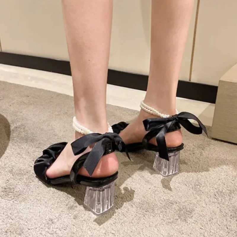 High Quality Comfort Shoes for Women Block Heels Pearl Sandals Med Suit Female Beige All-Match Chunky Girls Medium Clear Black Gladiator T241227