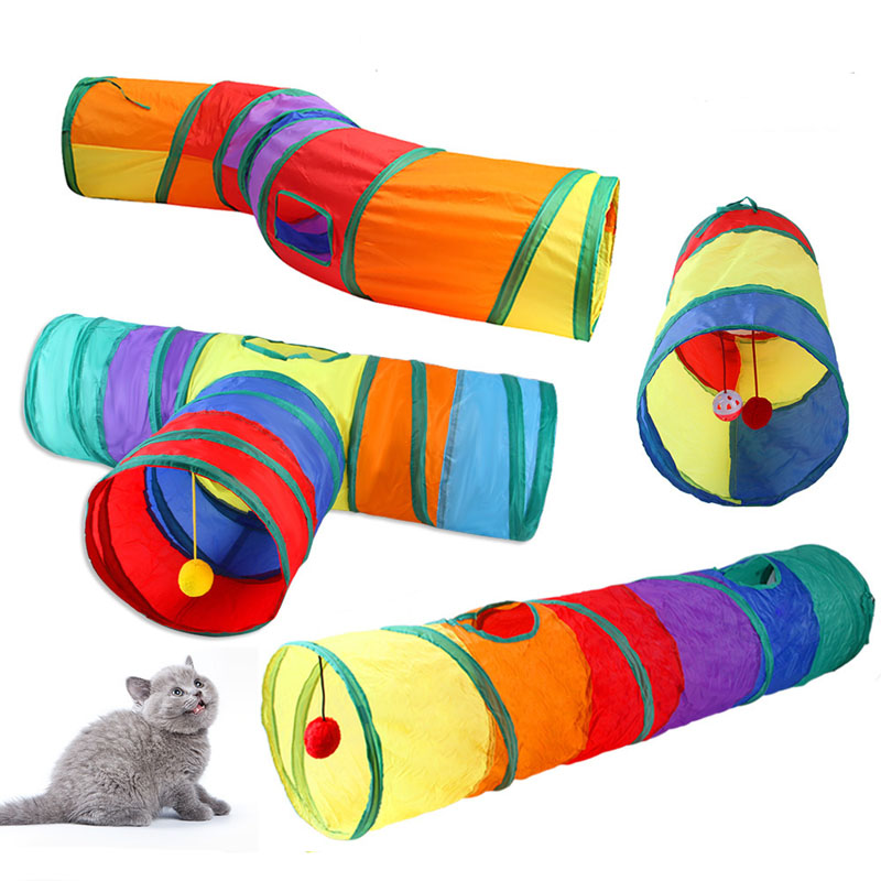 Funny Cat Toys Rainbow Color Foldable Cat Tunnel Indoor Kitten Interactive Play Channel Hanging Bell Plush Ball Pet Supplies
