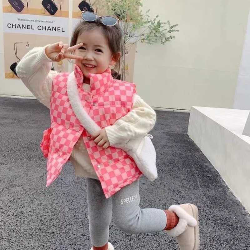 Childrens autumn warm vest girls fashionable plaid apron jacket boys casual standing collar down jacket cotton vest 2Y-10YW240724