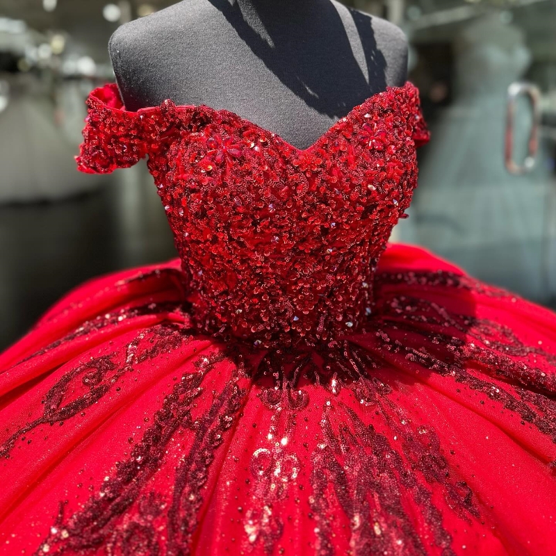 Shiny Red Quinceanera Dresses Ball Gown Off The Shoulder Glitter Sequins Applique Lace Beads Crystal Party Birthday Sweet Dress Vestidos De Anos