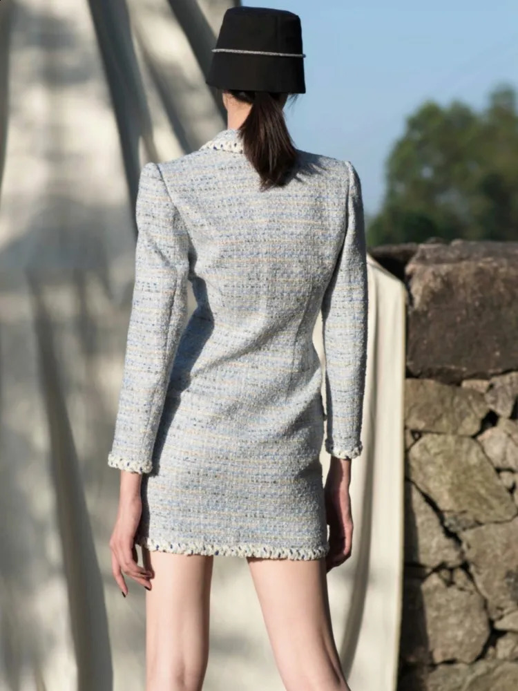 Light Blue tweed dress spring / autumn womens dress ladies slim bottoming dress one-piece 240717