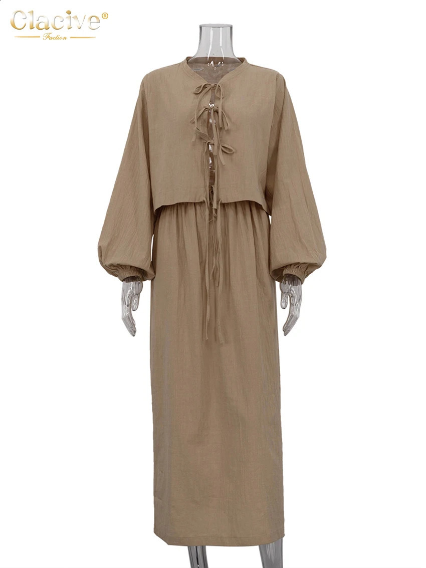 Clacive Casual Loose Khaki Cotton 2 Piece Sets Women Outfit Fashion Puff Sleeve Lace-Up Shirt With High Waist Long Skirts Set 240726