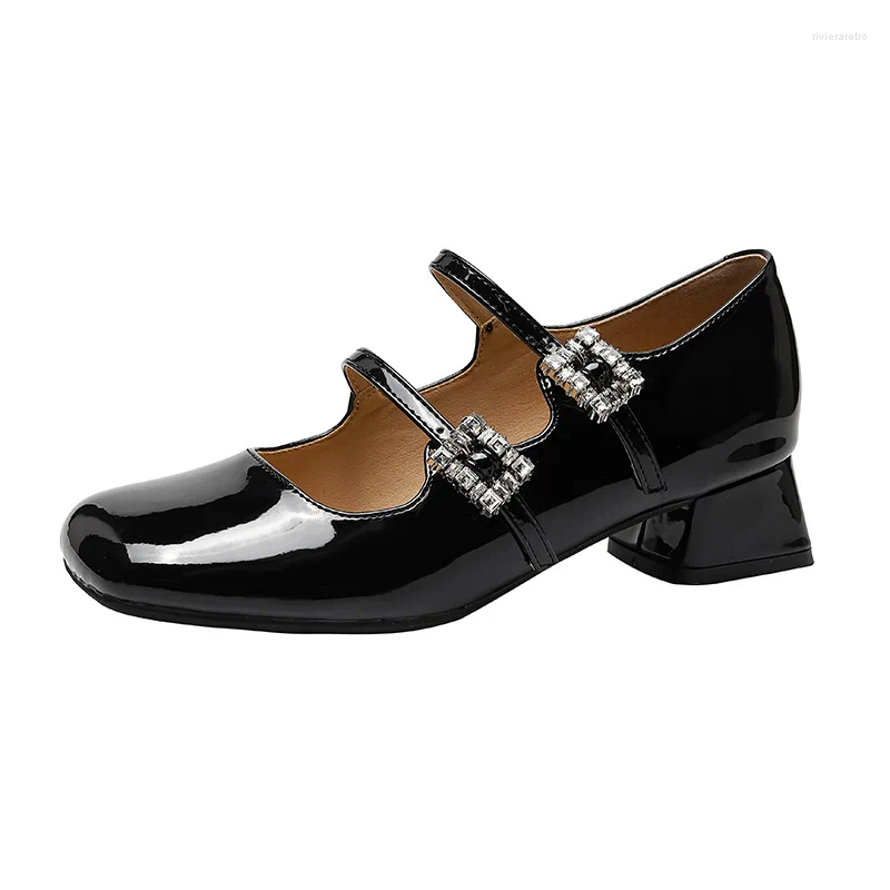 Dress Shoes Patent Leather Women High Heel Retro Thick Female Pumps Brand Buckle Strap Solid Classics