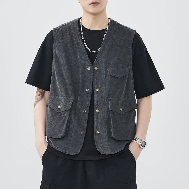 100% Cotton Corduroy American Workwear Vest Mens Mountain Outdoor Summer Autumn Vest Coat 24ss Y2k Youth Male Vintage Cityboy 240717