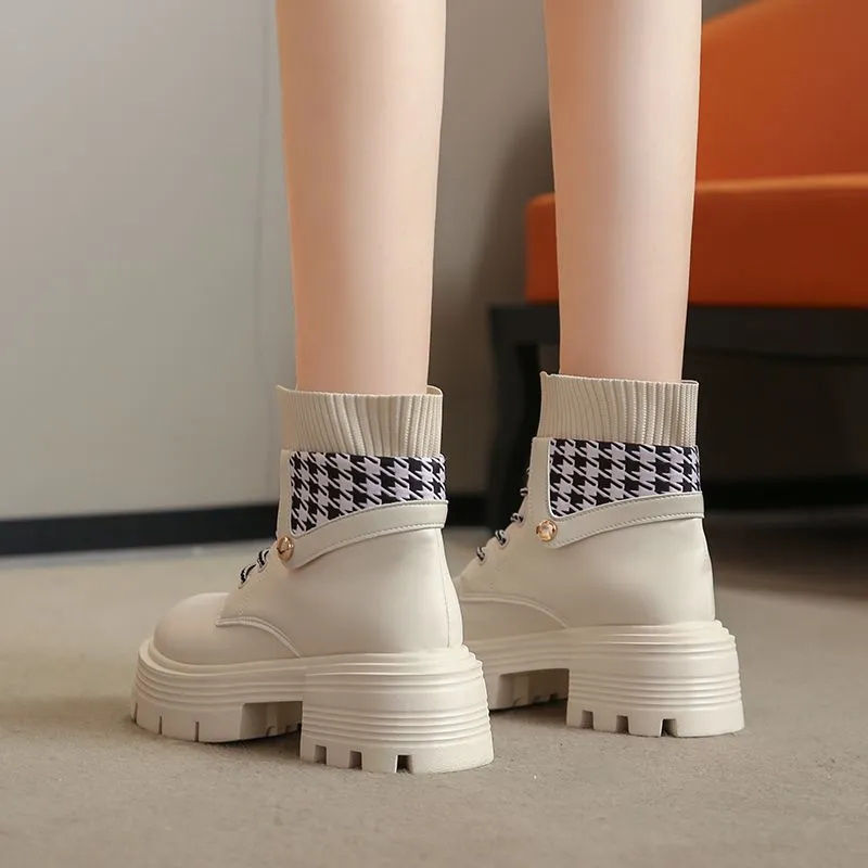 Ladies' British style lace up round toe thick heeled short boots