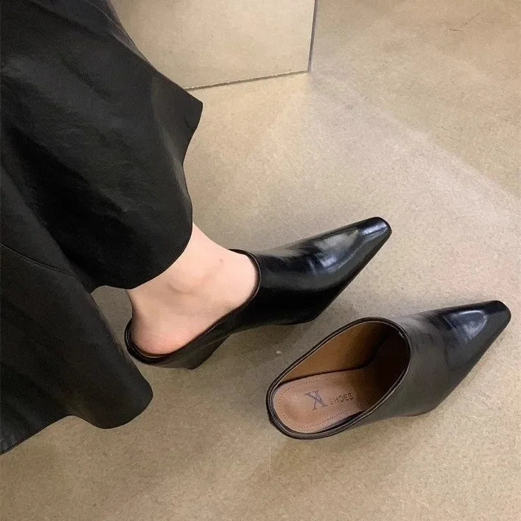 European American Baotou Half Womens Soft Leather Slope Heel High Cool Fashion Outwear Thick Lazy Muller Shoes 240723