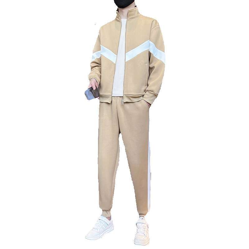 2024 Spring New Casual Mens Contrast Splicing Stand Up Collar Two Piece Set Sports Youth Korean Edition Loose Nine Points Hip-hop Style Men Pants Cott