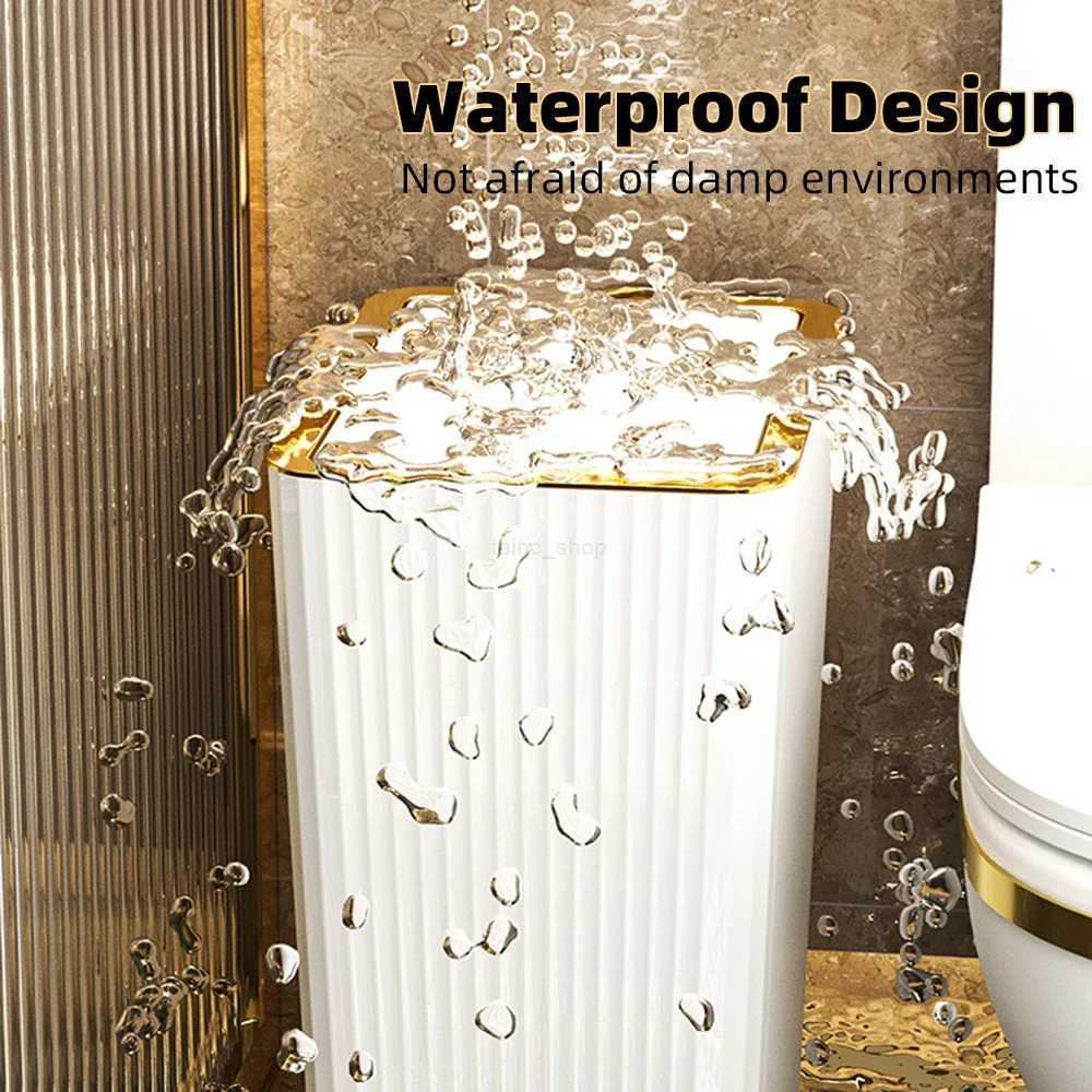 15L Nordic Gold Bathroom Trash Can Covered Slim Trash Can with One-Touch Lid for Bathroom Toilet Living Room Kitchen BedroomB240726