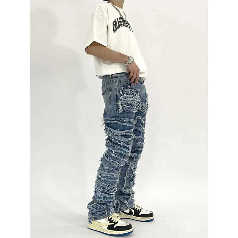 Patchwork Tie Dye Jeans Men Casual Washed Straight Pants Streetwear Ripped Hole Baggy Harajuku Men Denim Trousers Z240912