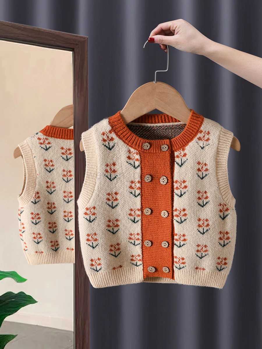 Korean New Children Sweater Vest O-Neck Double Breasted Floral Print Girls Knitted Waistcoat Casual All-Matched Kids TopsXJ240726