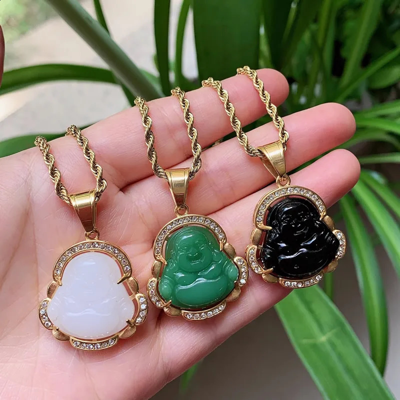 Punk Rock Stainless Steel Jewelry Crystal Buddha Pendant Necklace for Women Men Colorful Lampwork Quartz Stone Pendulum Necklace 240723