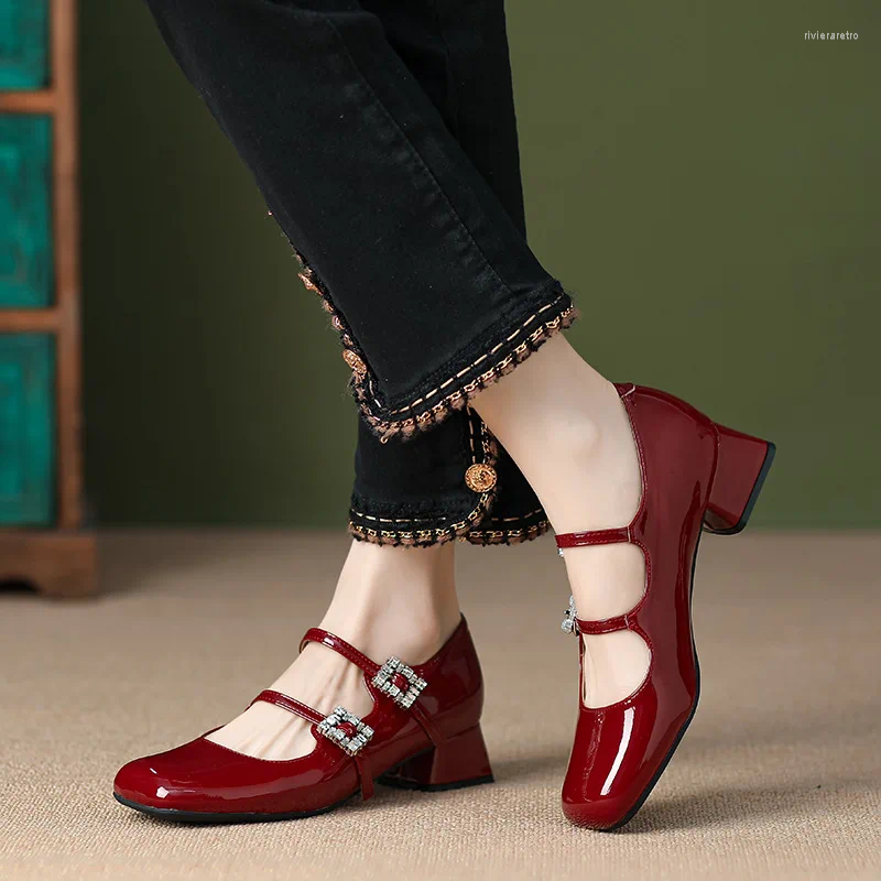 Dress Shoes Patent Leather Women High Heel Retro Thick Female Pumps Brand Buckle Strap Solid Classics
