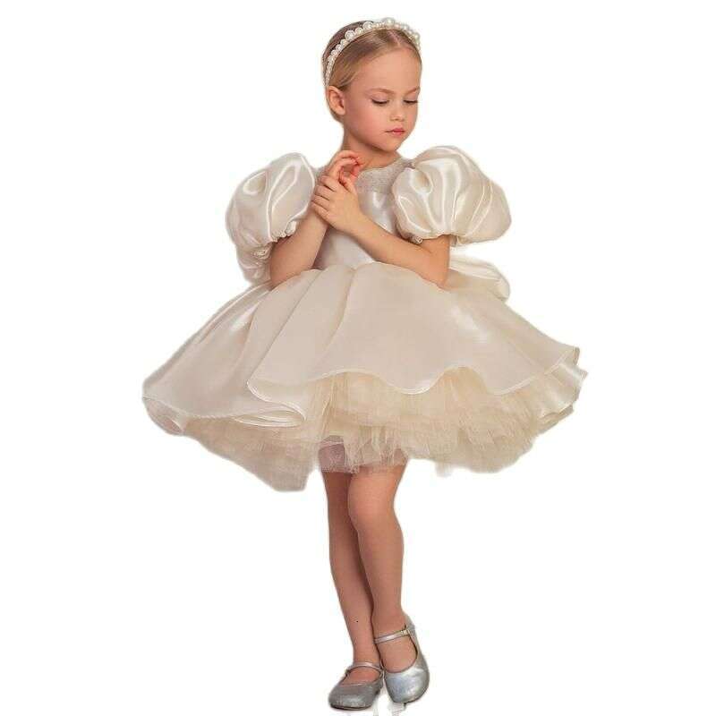 Girl Fluffy Layered Tulle Short Bubble Sleeve Sparkle Wedding Litter wer Child Communion Birthday Party Dress
