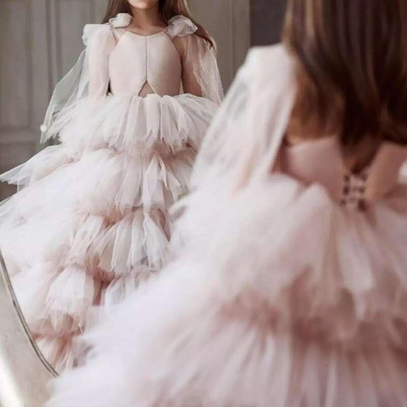 wer Girl Dresses Pink Black Tulle Tiered With Taig Bow Sleeve For Wedding Birthday Party First Communion Gowns