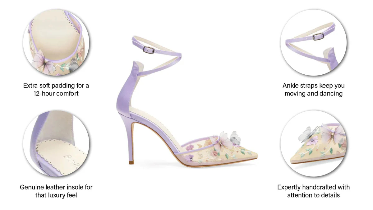 Dream Lavender Butterfly Wedding Shoes Pointed Toe Stiletto High Heel Ankle Strap Fantasy Prom Party Evening Formal Occasion Women Pump
