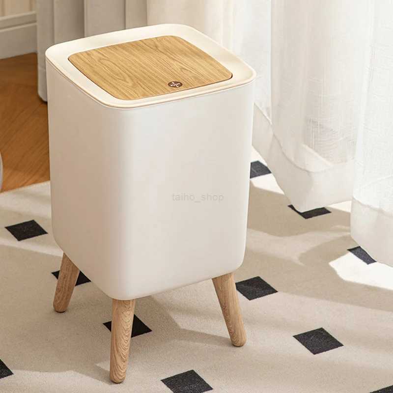 Trash can household log wind high foot with cover living room Kitchen bedroom Modern simple wood creative wastebasketB240726