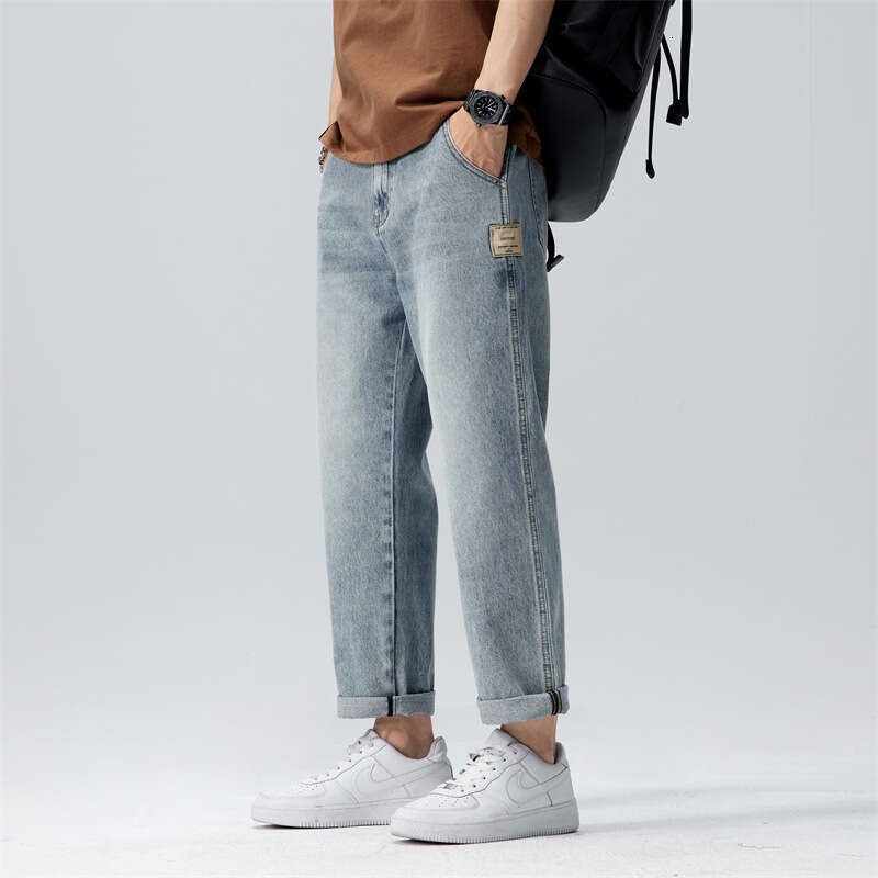 Jeans Trendy Brand 2024 Spring and Summer New Versatile Straight Leg Loose Casual Cropped Washed Mens Pants Sport Gold Velvet Pants Military Pants for