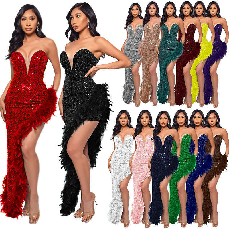 Women Evening Asymmetrical Shiny Sequins Feather Tail Party Dress Sexy Strapless Long Formal Prom Dresses Xiny189 0220