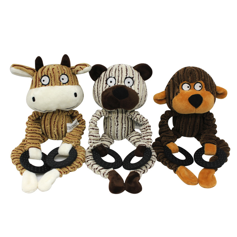 Funny Cartoon Sounding Puppy Toy Three-color Rubber Ring Corduroy Plush Monkey Cattle Bear Toy Interactive Pet Doll