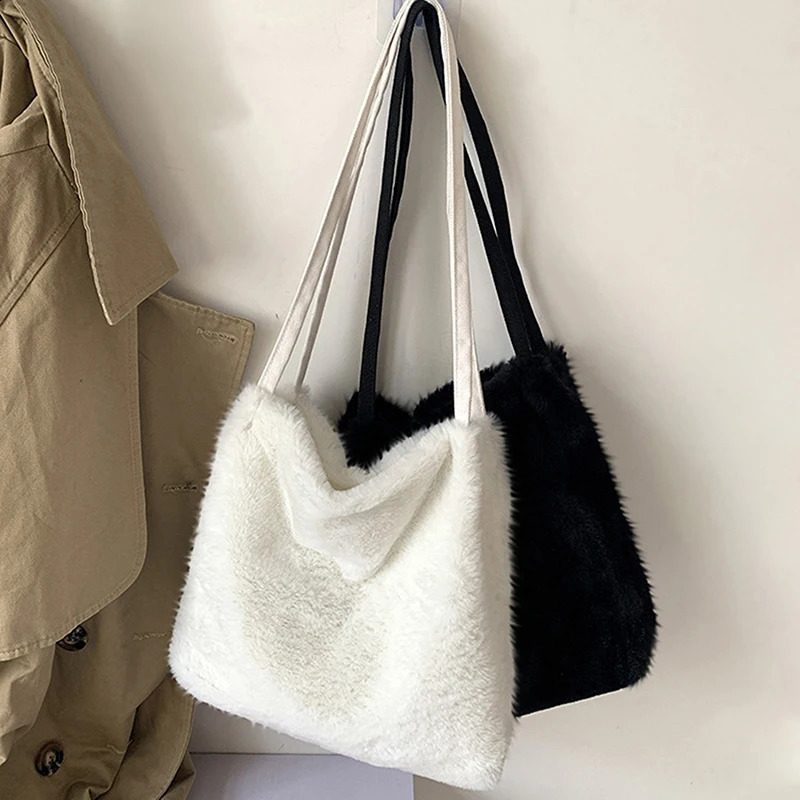 Womens Shopper Bag Plush Tote Shoulder Bags For Women 2024 Fluffy Female Handbag Fur Ladies Hand Shoppers Black Sac A Main 240725