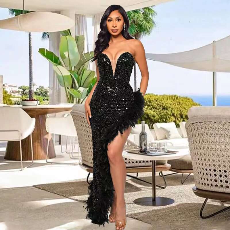 Women Evening Asymmetrical Shiny Sequins Feather Tail Party Dress Sexy Strapless Long Formal Prom Dresses Xiny189 0220